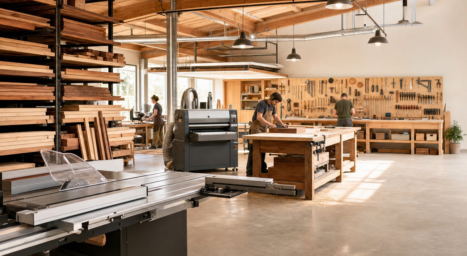 Craftsmen working with lumber and precision machinery on the fabrication shop floor