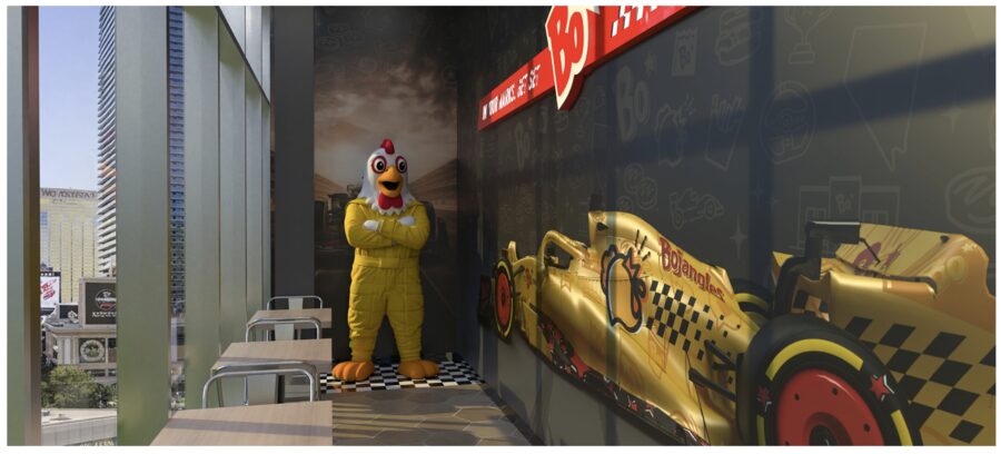 Bojangles racing-themed dining room with mascot and race car mural