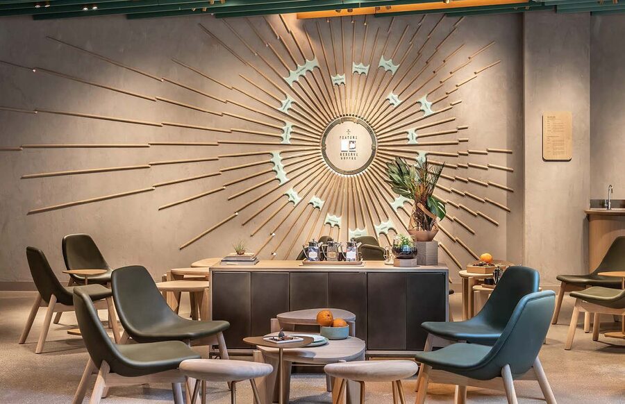 Starbucks Reserve coffee bar with sunburst feature wall